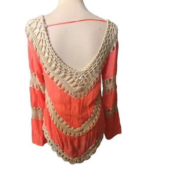 Umgee Boho Stretch Knit Tunic with Lacy Crochet Trim Coral size S - Picture 5 of 15